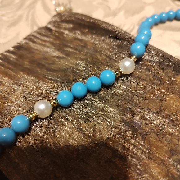 🐦🩵🐦Charming Vtg Turquoise Aqua Tiffany Blue & Ivory Faux Pearl Necklace - Picture 9 of 14